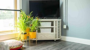 A corner room with a television on a white cabinet, a window with blinds, and a potted plant.