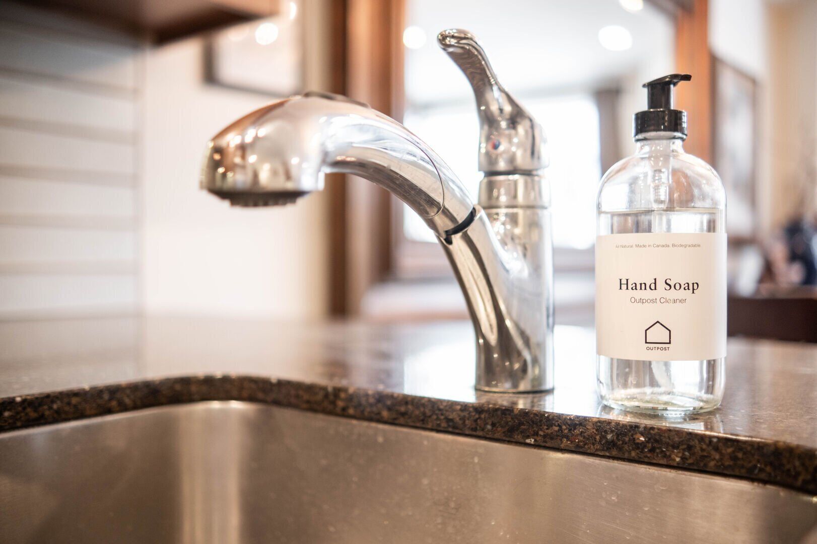 A modern kitchen sink with a chrome faucet and a hand soap dispenser.