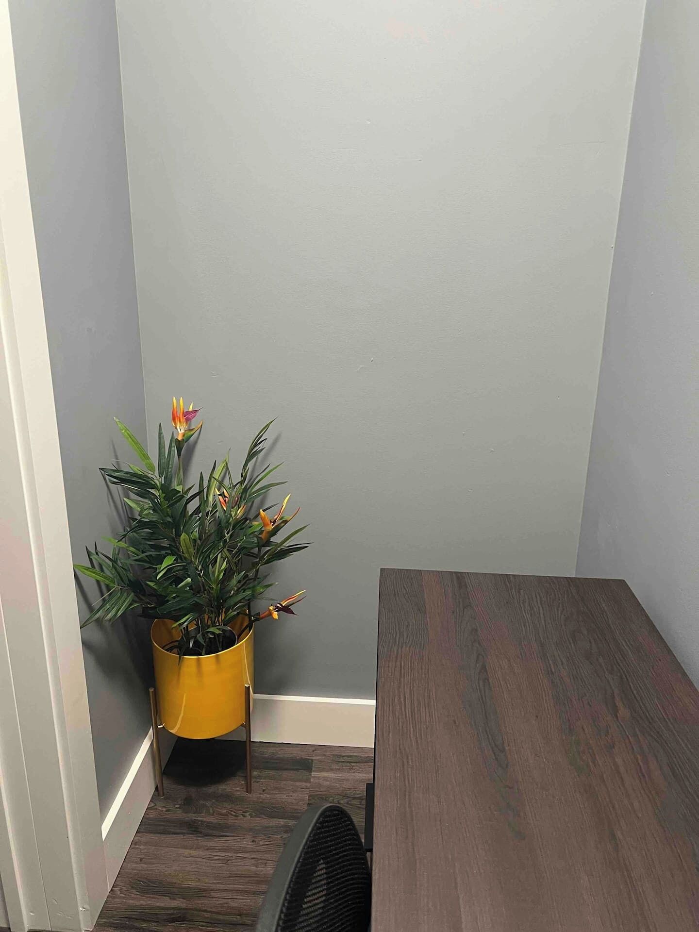 Rincón de una habitación con una pared gris, una mesa de madera y una maceta amarilla con plantas y flores verdes.