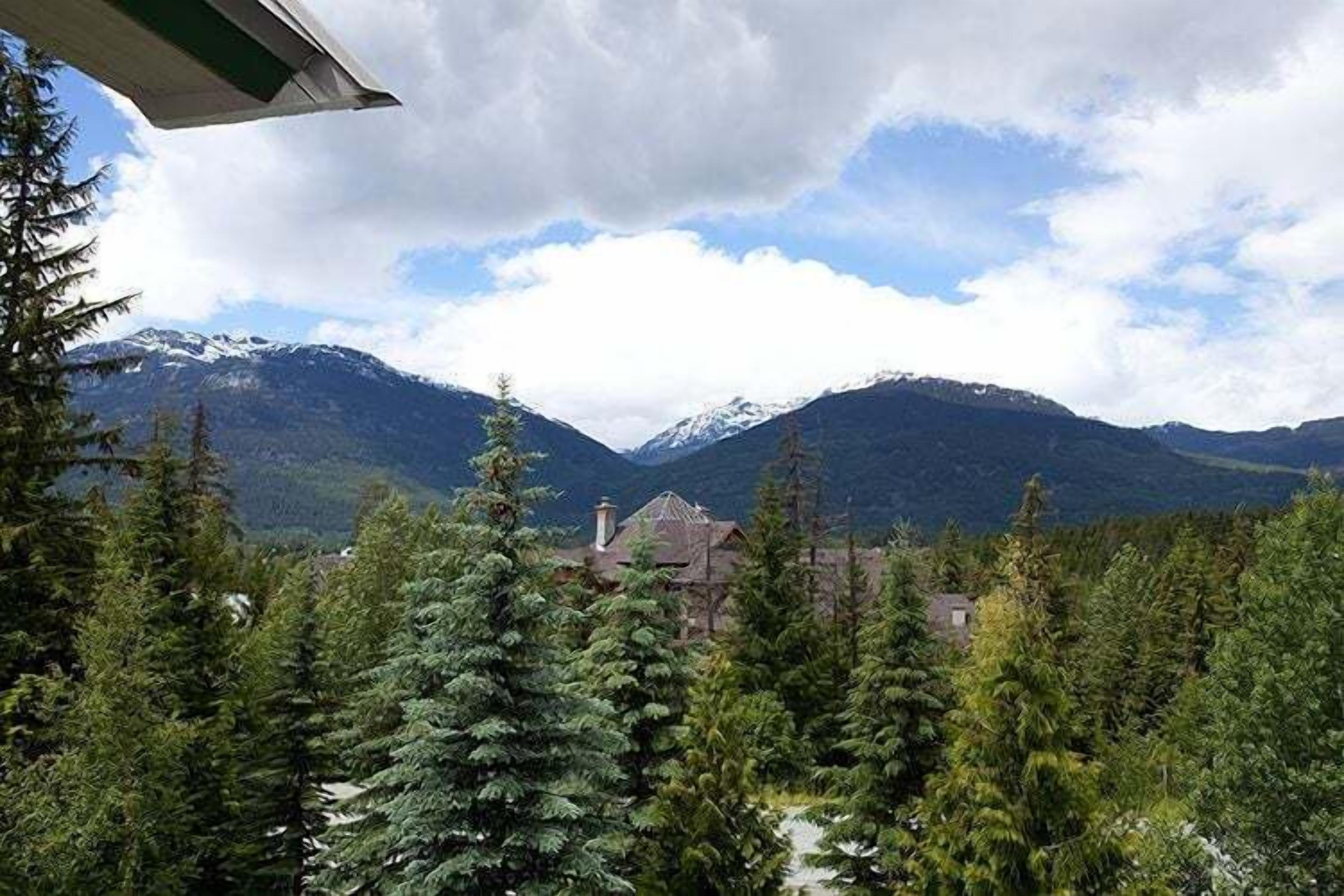 A mountain lodge with a view of snow-capped peaks, surrounded by dense forest.