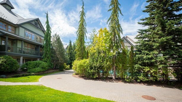 A residential area with a paved driveway, lush green lawn, and tall trees. - Perfect location | Free Parking | Pool & Hot Tub (Whistler)
