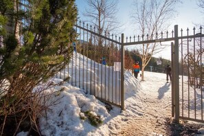 Ein verschneiter Weg mit einem Metalltor, umgeben von Bäumen und einem klaren Himmel.