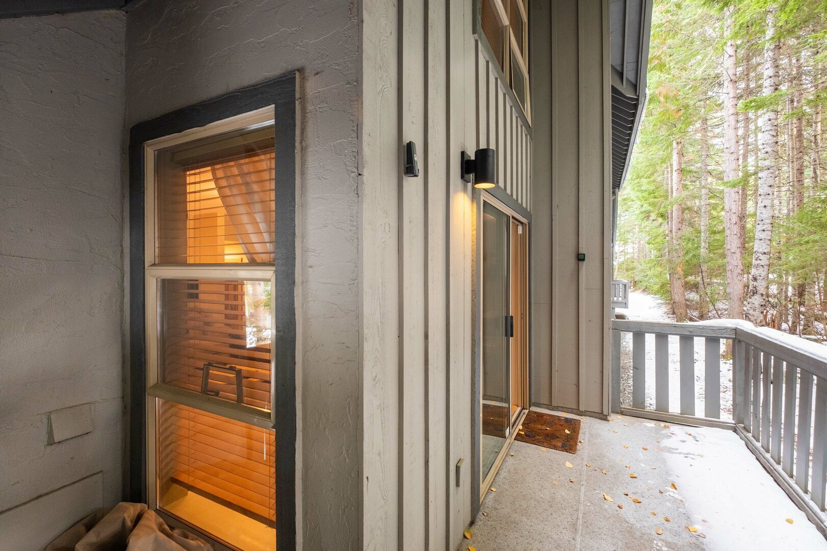 A wooden door with a glass panel, a small porch with a railing, and a view of trees.