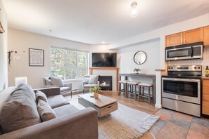A modern living room with a fireplace, a TV, and a kitchen with a microwave and oven. - AC in bedrooms | Private hot tub | Pets | Location (Whistler)