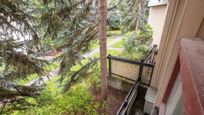 Un balcon donnant sur un jardin et un sentier.