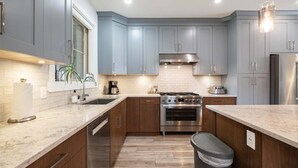 A modern kitchen with grey cabinets, a stainless steel oven, and a marble countertop. - Luxury | Private garage | Private hot tub | BBQ (Whistler)
