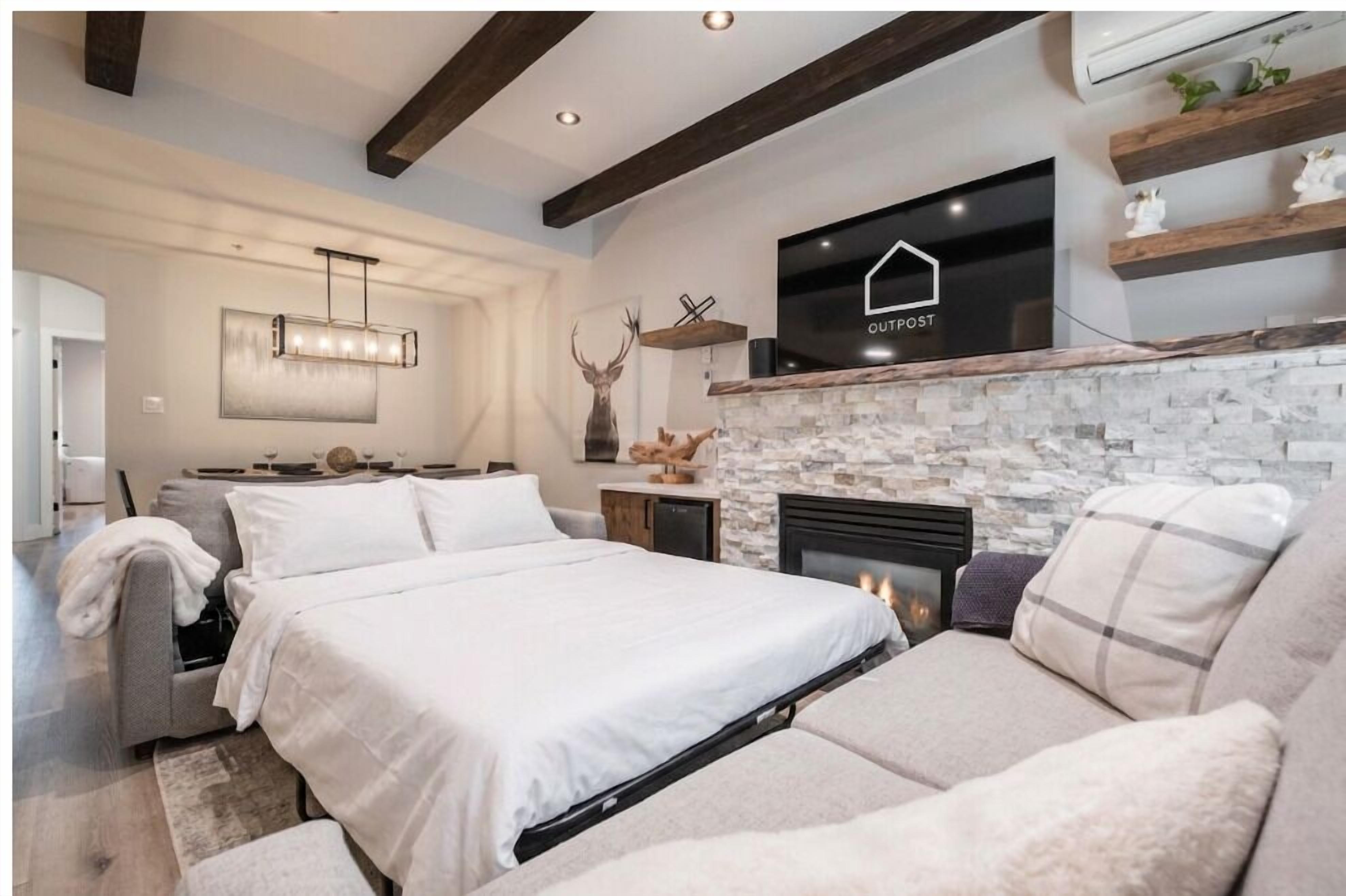 Living area: Two double sofa beds, gas fireplace