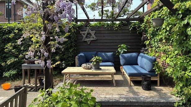 A garden patio with a wooden pergola, two blue sofas, a wooden table, and a Star of David on the wall.
