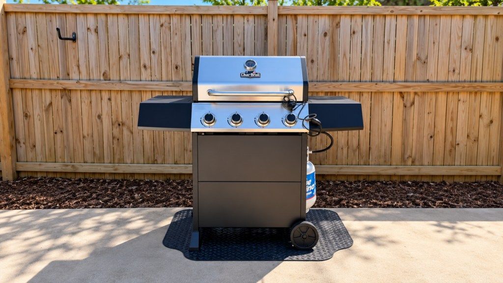 A Char-Broil gas grill with four burners, a side burner, and a built-in thermometer, set on a concrete patio with a wooden fence in the background.