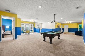 A pool table in a room with blue and yellow walls, a ceiling with recessed lighting, and a door leading to another room. - Themed Rooms! 9 BD/ 6 BA/ Windsor Island (2176 LC) (Davenport)