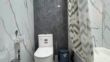 Hair dryer, bidet, towels, soap
