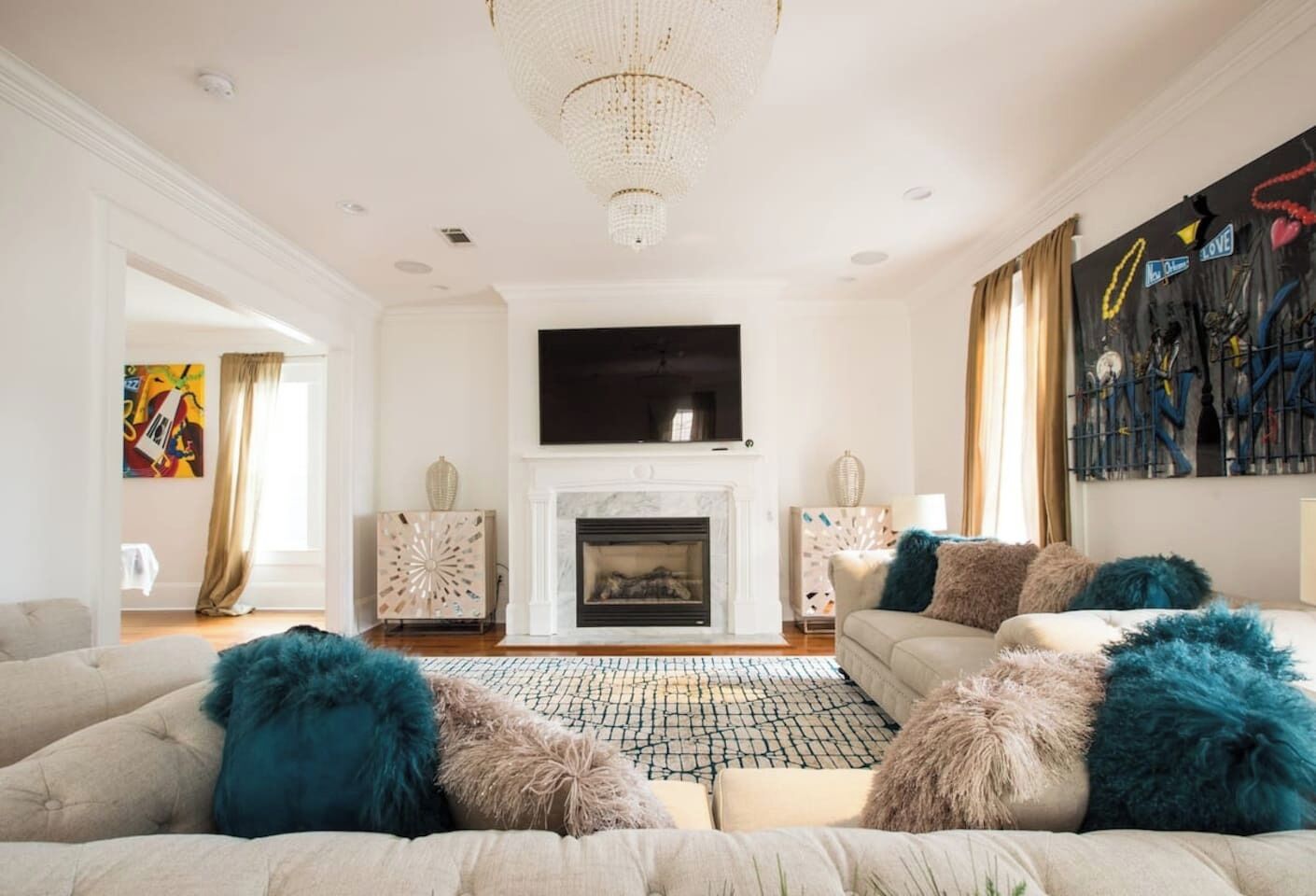 TV, fireplace, books