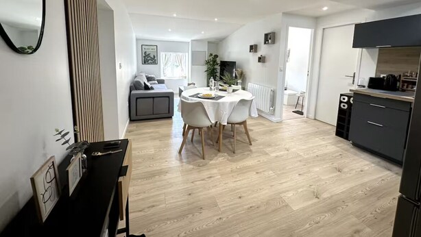 Una cocina moderna con comedor, un sofá gris y una planta.