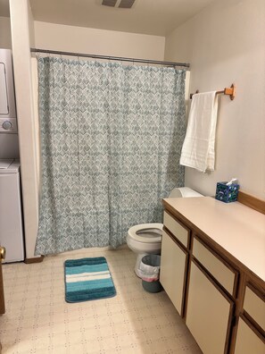 Hair dryer, towels, soap, toilet paper