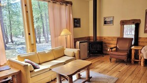A cozy cabin interior with a sofa, a table, a chair, a small heater, and a window with a forest view. - Mazama Trails Laundry House-Dog Friendly&Close to Ski Trail! (Winthrop)