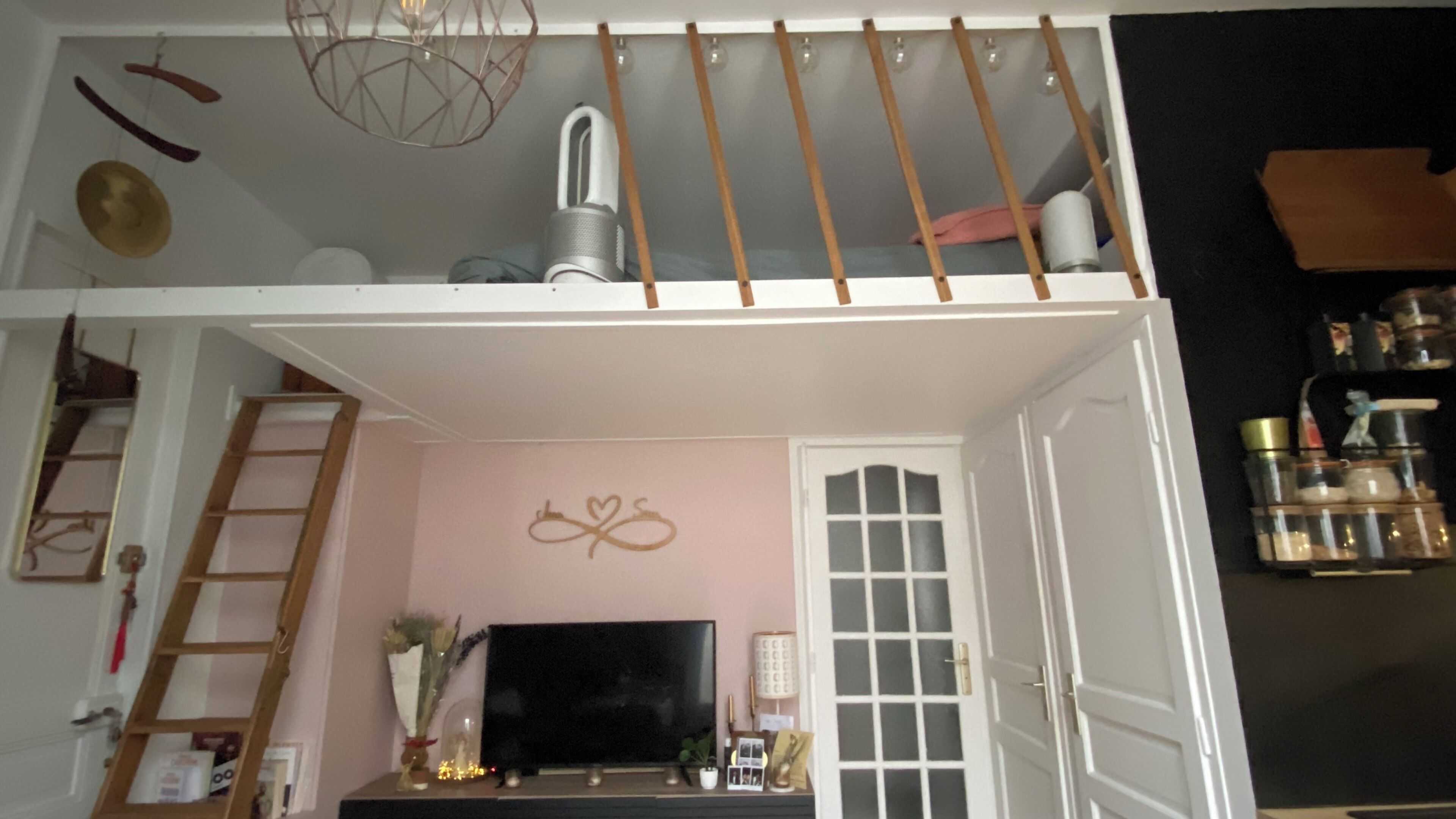 A room with a loft bed, a television, a ladder, and a door leading to another room.