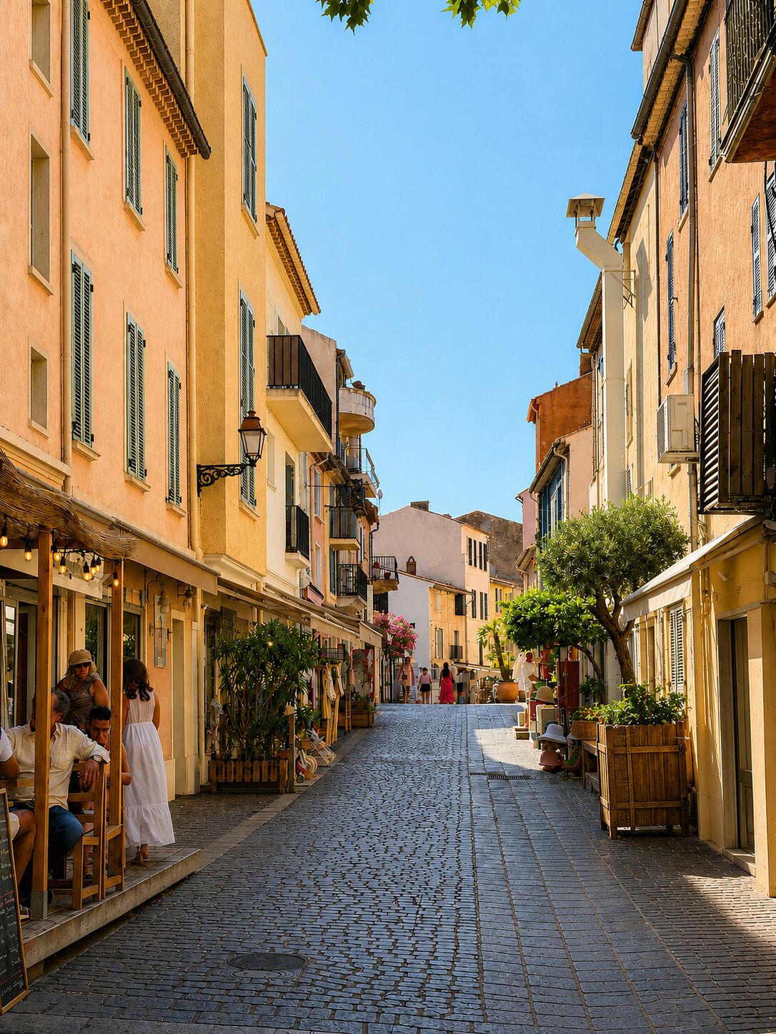Une rue pavée bordée d’immeubles, dont certains sont dotés de balcons et de terrasses.
