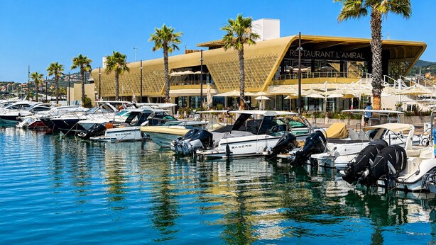 A marina with boats docked, a restaurant named 'RESTAURANT L'AMIRAL,' and palm trees. - Les Coteaux de la Nartelle, air-conditioned studio with ocean view, pool, sleeps 4 (Sainte-Maxime)