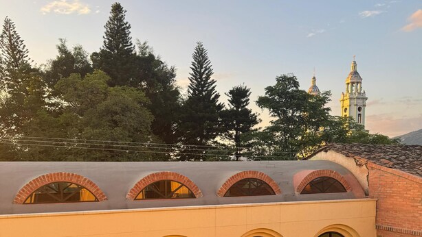 A building with arched windows and a balcony, overlooking a landscape with trees and a distant tower.