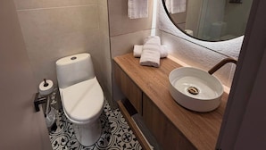 A modern bathroom with a toilet, sink, and mirror.