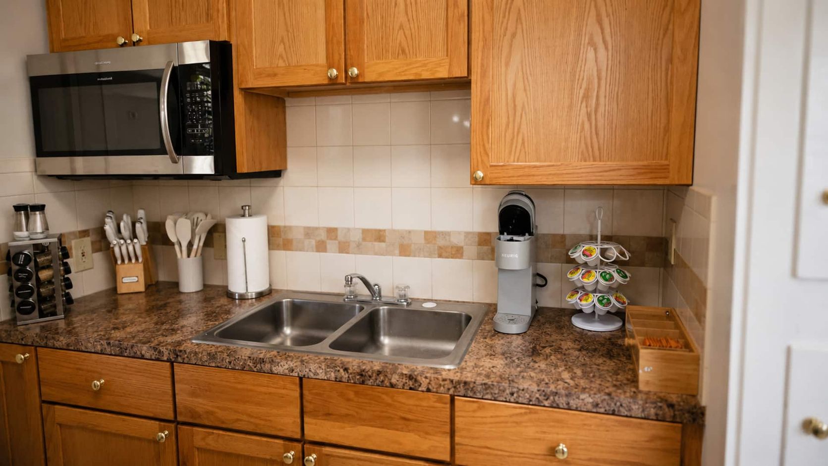 Double sink with coffee station nearby
