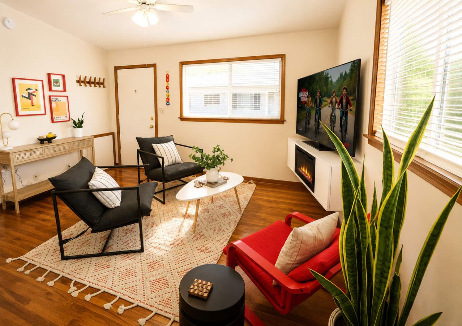 Living room with electric fireplace and smart TV