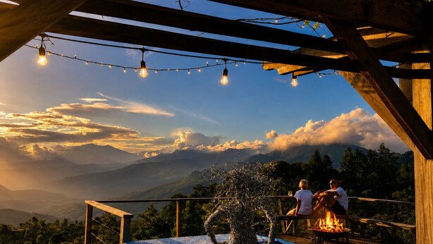 A wooden pergola with string lights, a hot tub, and a fire pit with two people sitting.