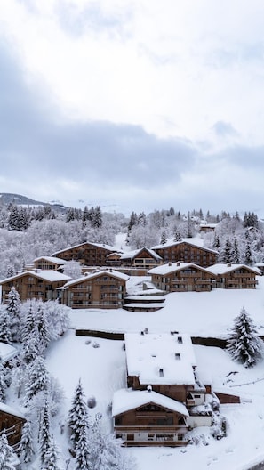 Eine schneebedeckte Lodge mit mehreren Holzhäusern, umgeben von schneebedeckten Bäumen und einer Bergkulisse.