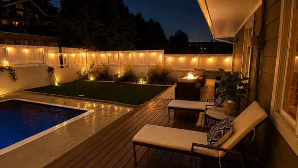Eine Holzterrasse mit Pool, Sitzgelegenheiten im Freien und Lichterketten.