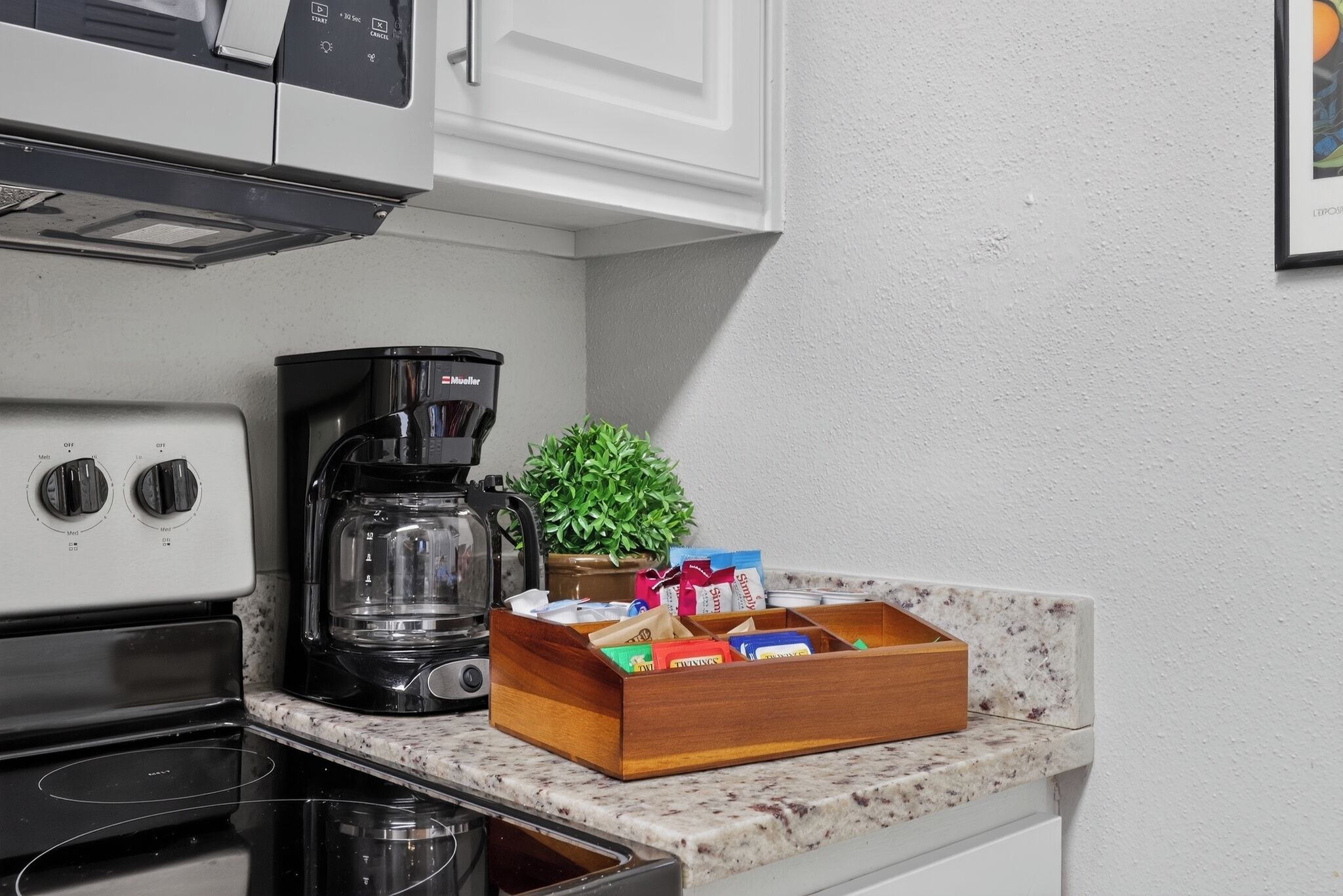 Une cuisine équipée d’une machine à café, d’une petite plante en pot et d’une boîte de rangement en bois posée sur le plan de travail.
