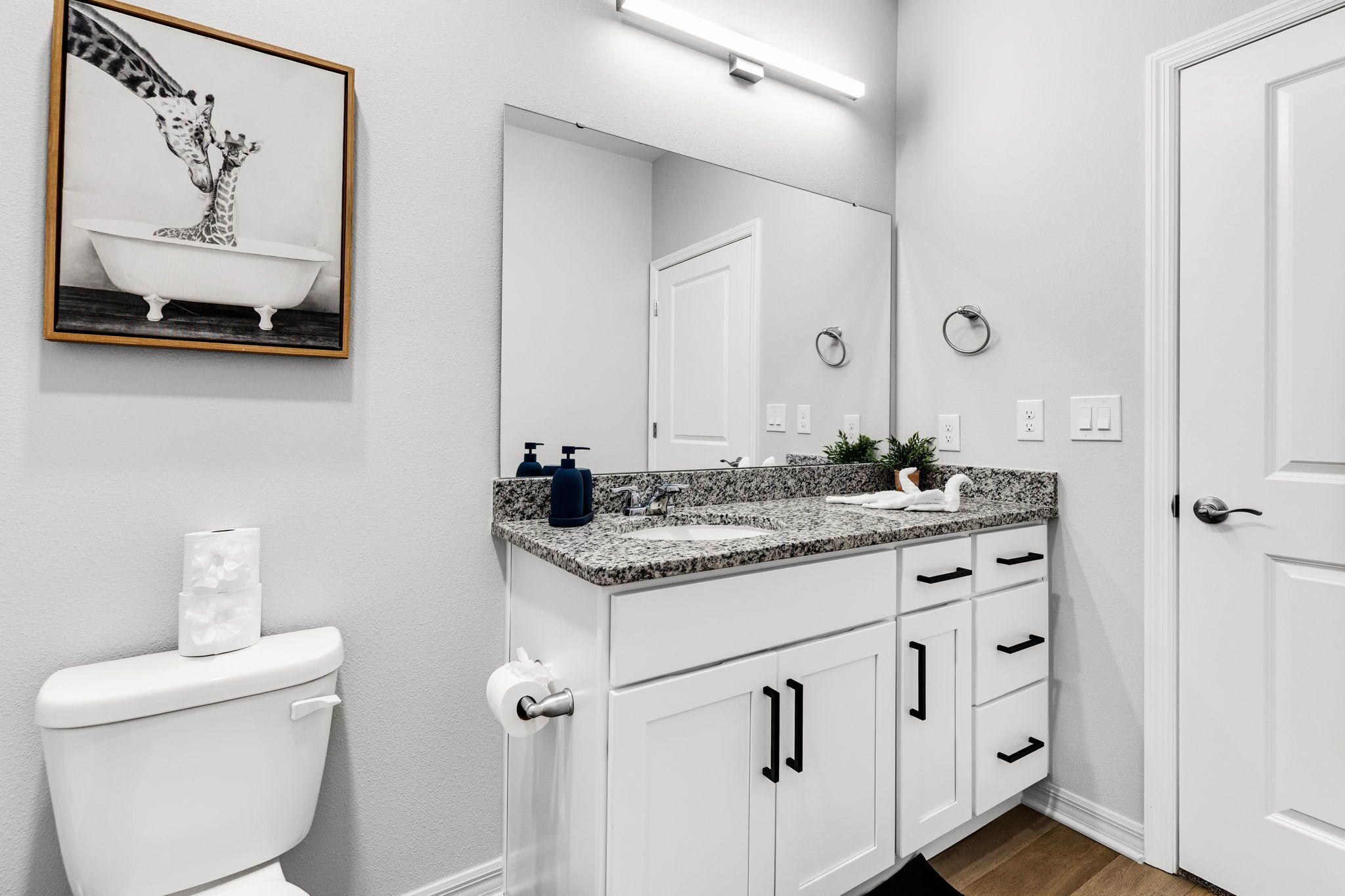 Een badkamer met toilet, wastafel, kastje, spiegel en een fotokader aan de muur.
