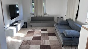En moderne stue med et fladskærms-tv, en grå sofa, en blå sofa, et mønstret tæppe og et vindue med gardiner.