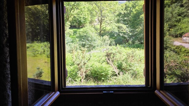 A window with a view of a forested area. - Casa Rio D'Além | Eco-sustainable | Swimming pool | River | Pure Nature (Parada do Monte e Cubalhão)