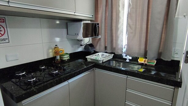 Una cocina compacta con estufa a gas, microondas y lavabo.
