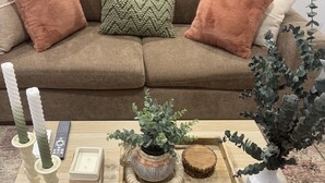 A living room with a brown sofa, two cushions, a small table with a plant, candles, and a remote control.