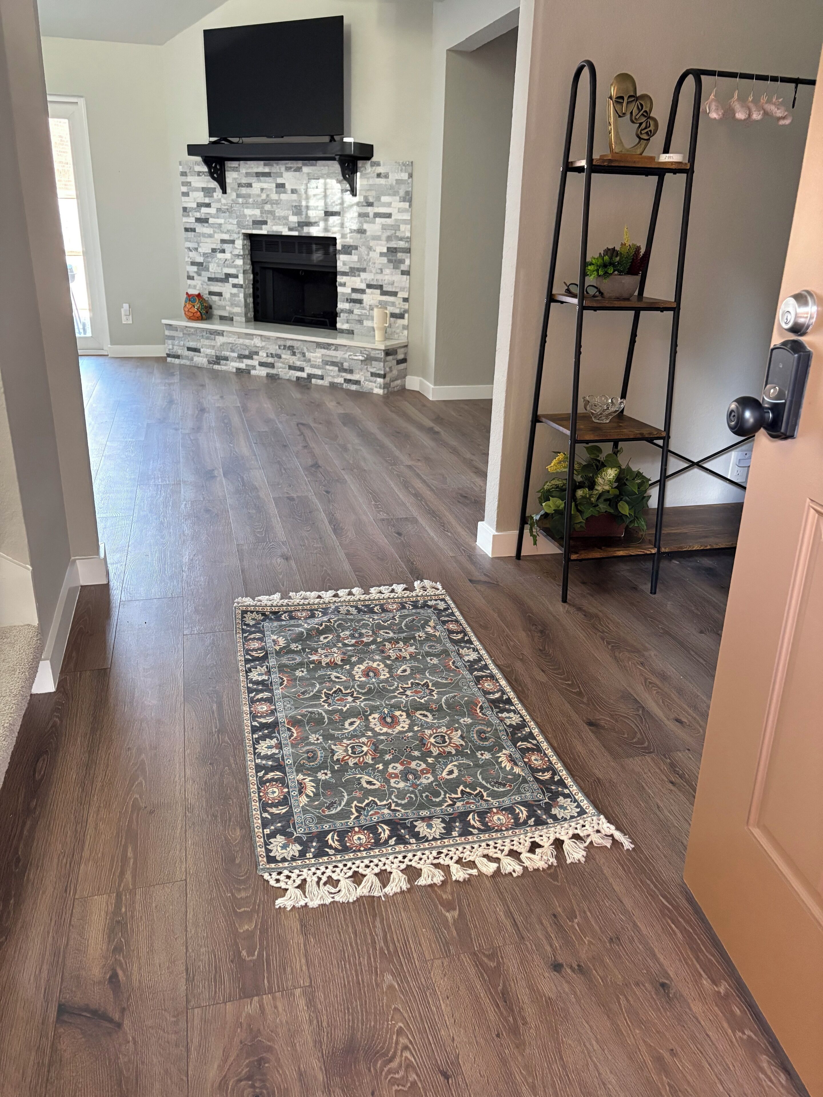 A living room with a fireplace, a wooden floor, a patterned rug, and a metal shelf with plants.