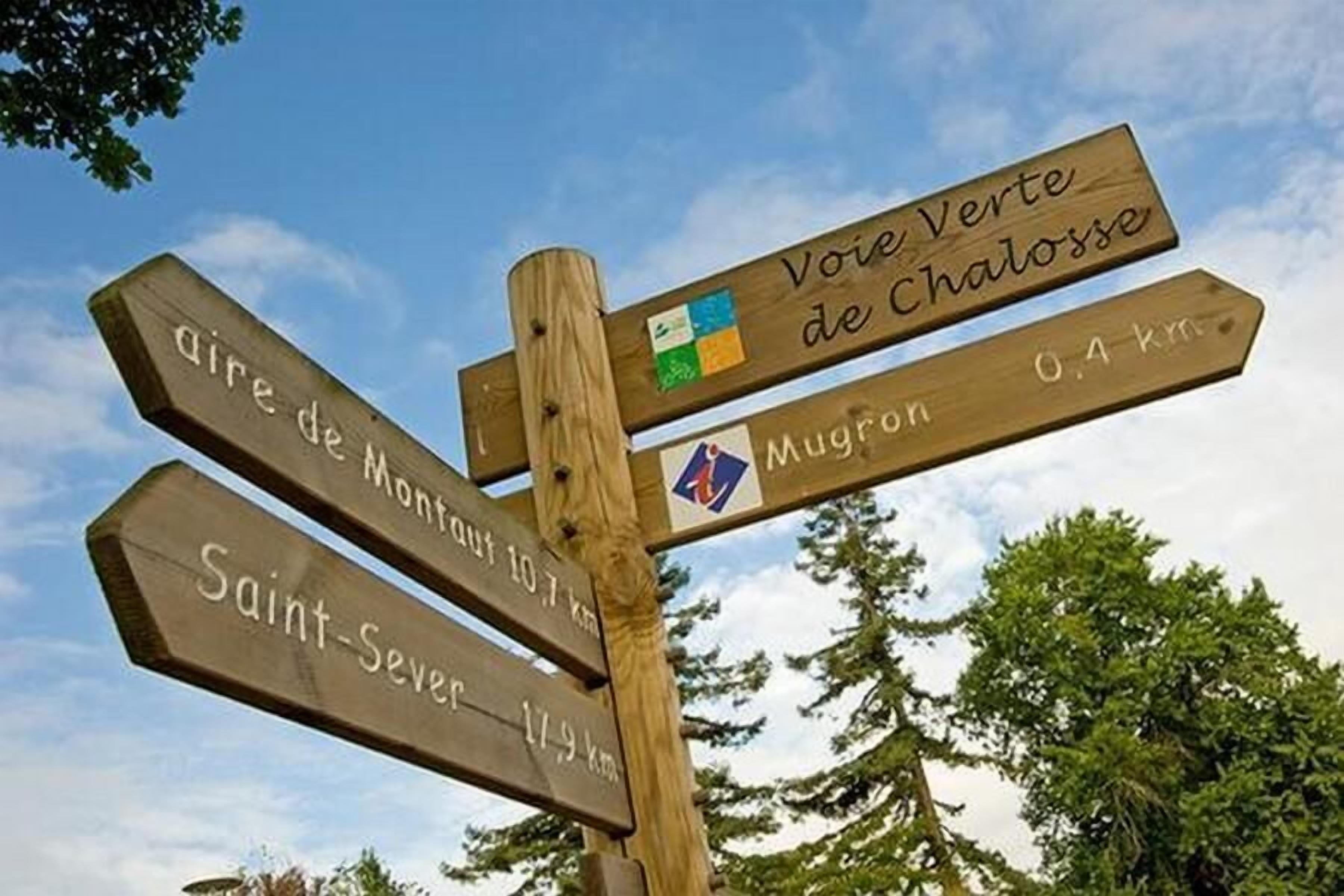 A wooden directional signpost with multiple arrows pointing to different destinations.