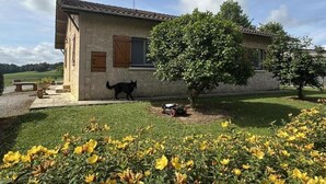 Una casa con fachada de piedra, puerta de madera y un árbol en el patio.