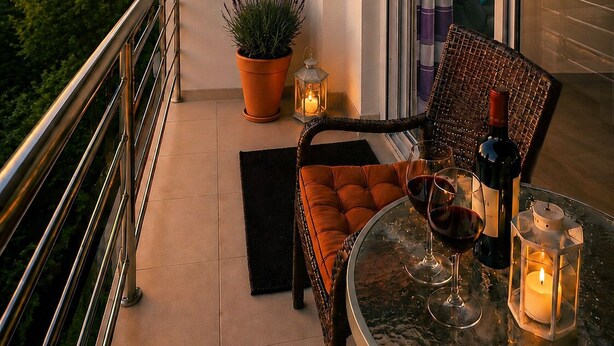 Un balcon avec une table, des chaises, un pot de fleurs et un appareil de climatisation.
