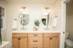 A bathroom with a double sink vanity, two wall-mounted mirrors, and a toilet. - Entire Home in Townsend w/HOT TUB and Stunning Mtn Views (Townsend)