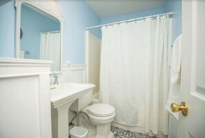 A bathroom with a white sink, toilet, and shower curtain. - Entire Home in Townsend w/HOT TUB and Stunning Mtn Views (Townsend)