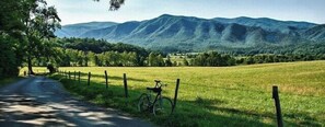 Eine ländliche Straße mit einem abgestellten Fahrrad an einem Zaun, die zu einem Feld mit Bergen im Hintergrund führt.