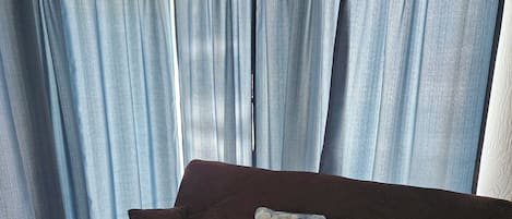 A brown sofa with a cushion, a floral carpet, and a window with blue curtains.