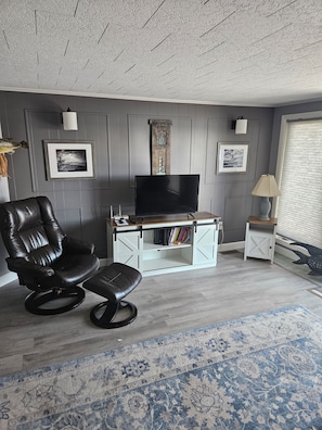 A living room with a leather chair, a flat-screen TV, a white cabinet, and a patterned rug. - Peaceful 3-bedroom waterfront house with AC on charming Sodus Bay (Sodus Point)