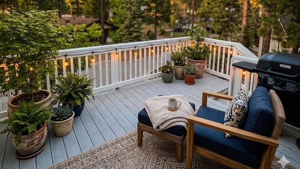 A deck with a white railing, potted plants, a grill, and a blue sofa. - Paramount Escape Big Bear-Close to Everything -Tesla Universal EV- Foos Ball (Big Bear Lake)