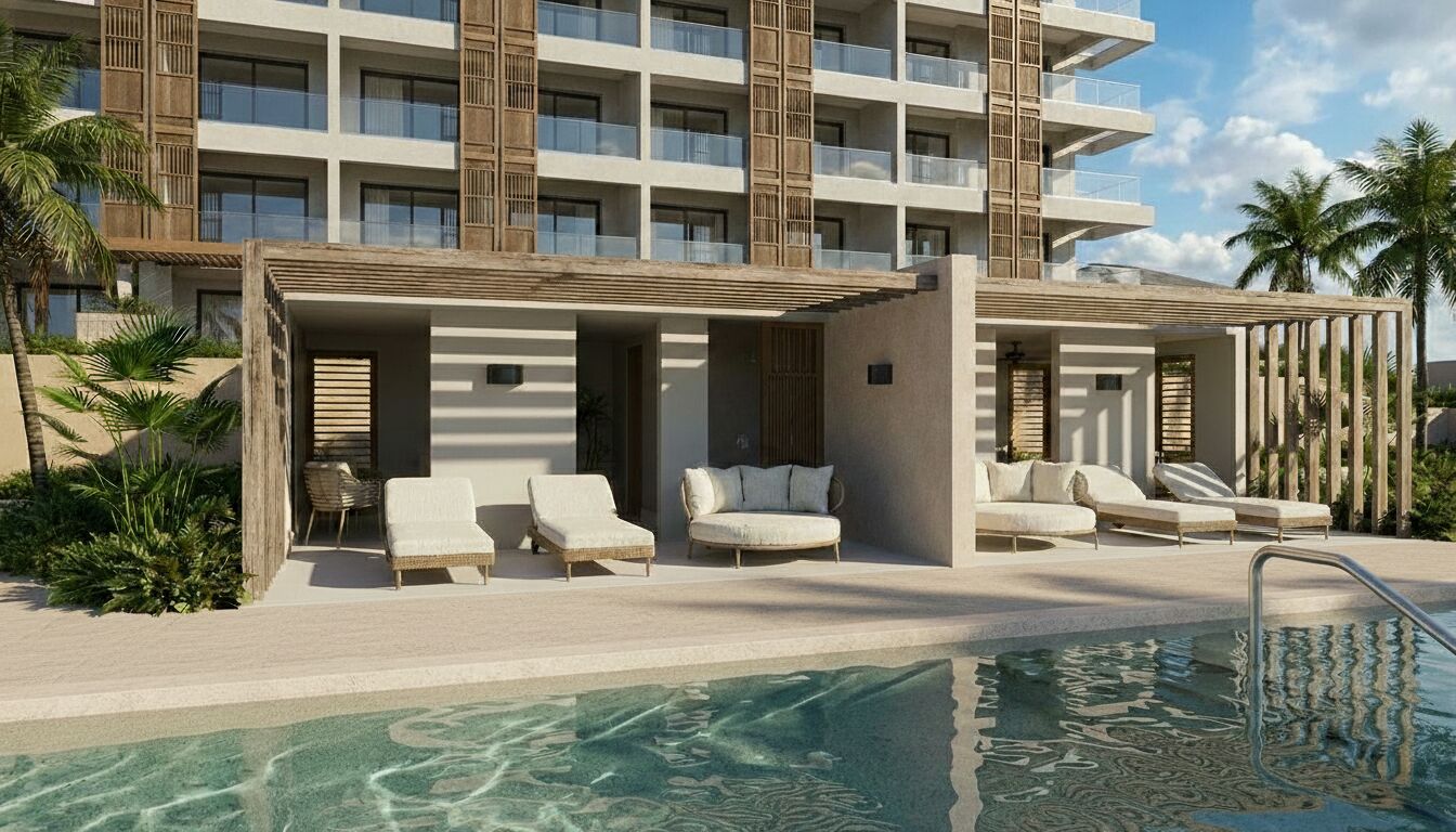 4 piscinas externas, barracas de cortesia, guarda-sóis