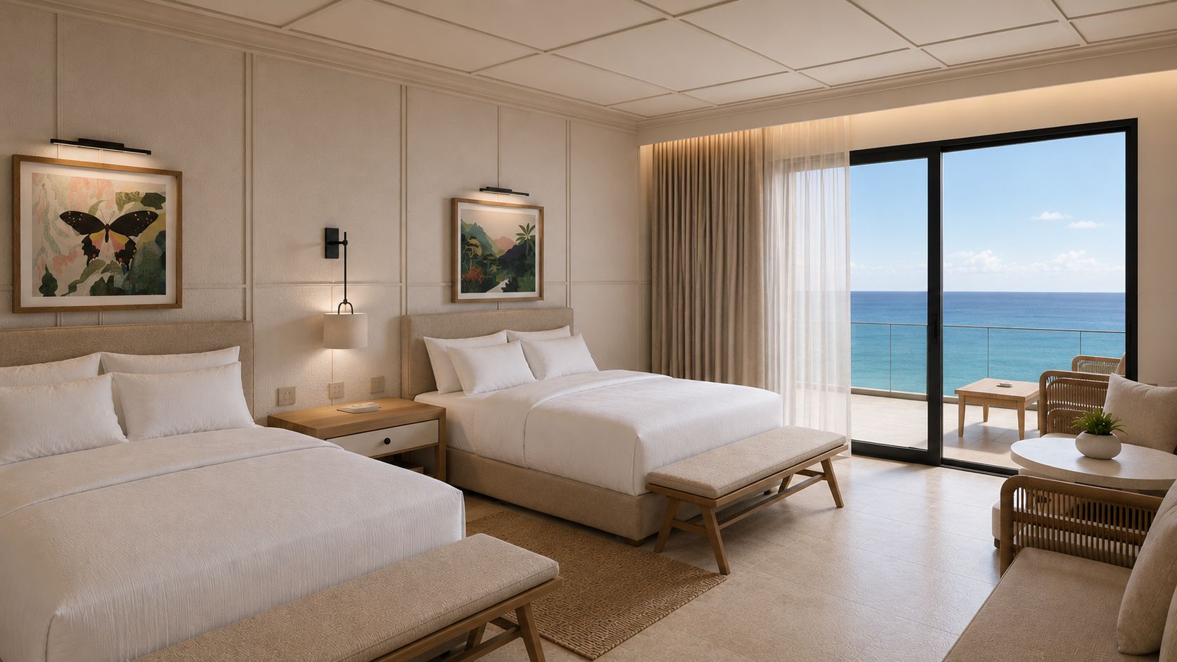 A hotel room with two beds, a balcony with a view of the ocean, and a seating area with a table and chairs.