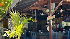 Un restaurante con terraza cubierta, una planta en maceta y una mesa con cocos.