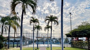 Un sendero bordeado de palmeras que conduce a una cancha deportiva con un aro de baloncesto.