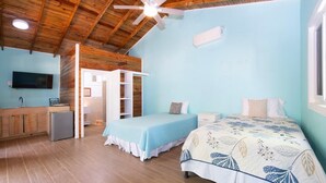 Une chambre avec un lit, un bureau, une télévision et un ventilateur de plafond.